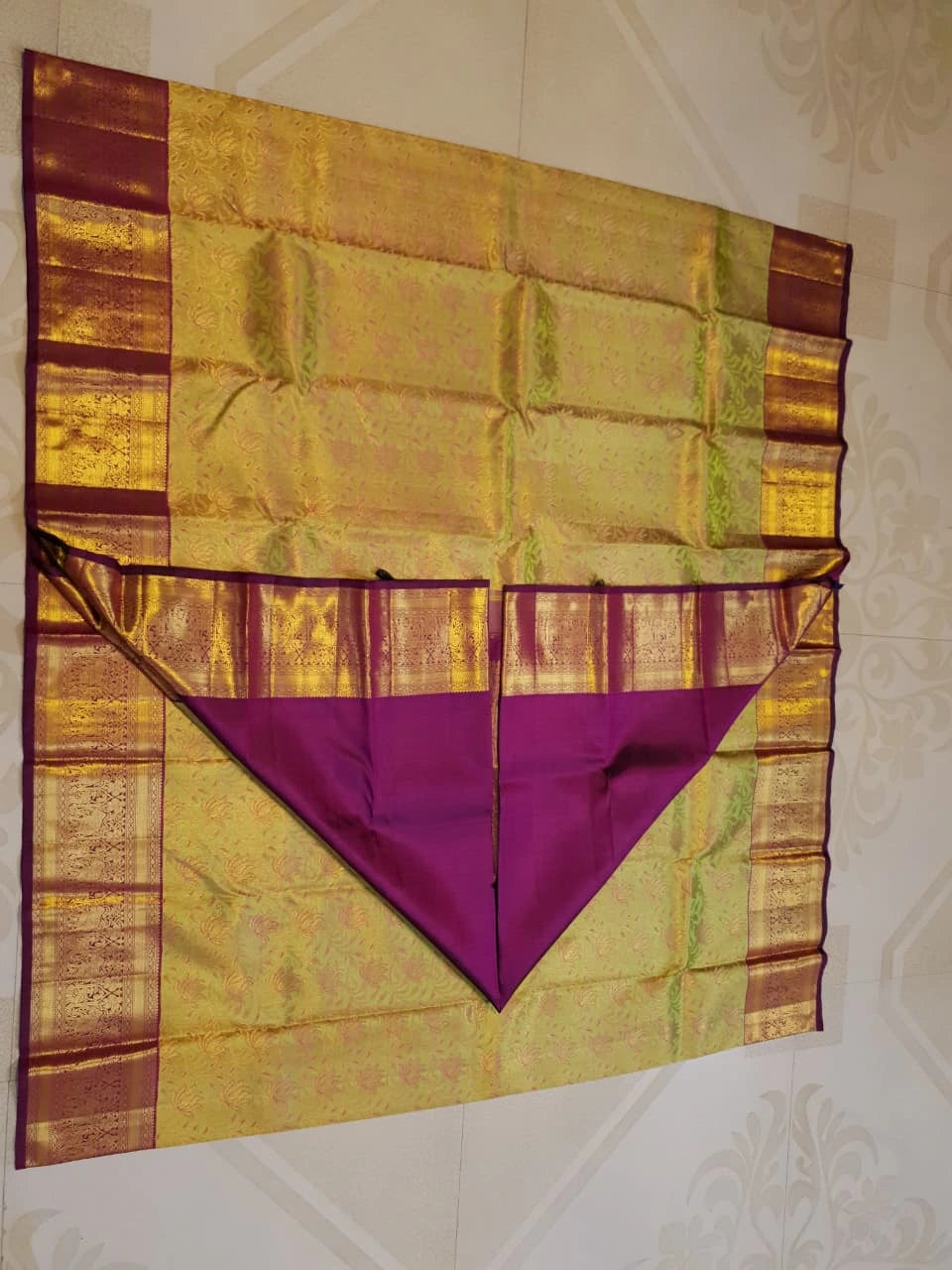 2G Pure Kanjivaram Silk Saree in Lime Green with Gold Floral Vines color | Silkmark Certified