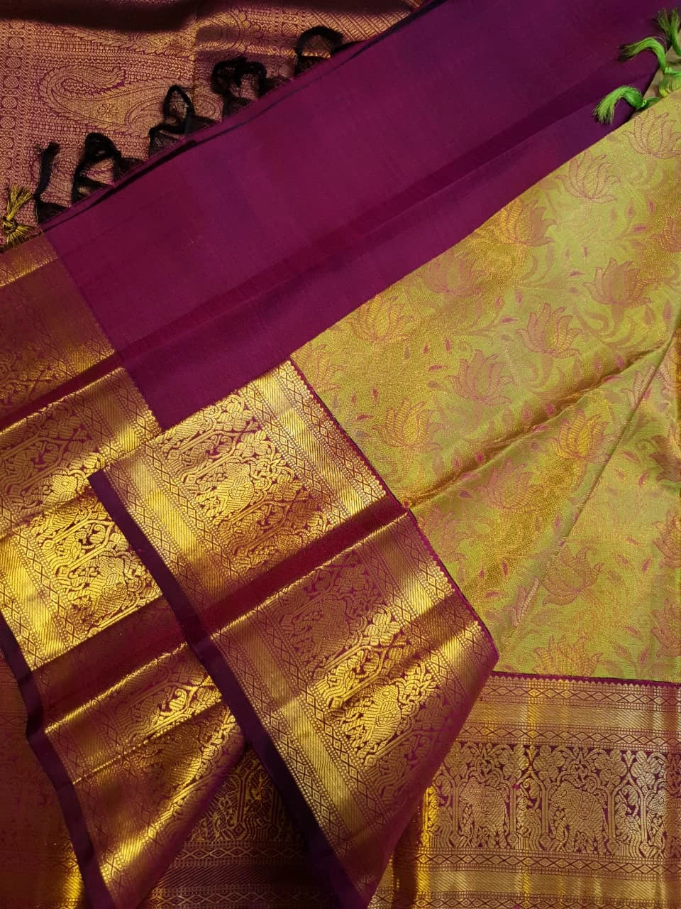 2G Pure Kanjivaram Silk Saree in Lime Green with Gold Floral Vines color | Silkmark Certified