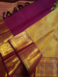 2G Pure Kanjivaram Silk Saree in Lime Green with Gold Floral Vines color | Silkmark Certified