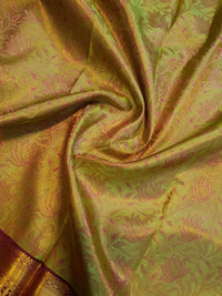 2G Pure Kanjivaram Silk Saree in Lime Green with Gold Floral Vines color | Silkmark Certified
