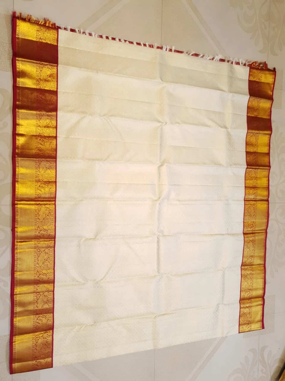 2G Pure Korvai Kanjivaram Silk Saree in Ivory Cream with Rich Gold Zari & Maroon Border | Silkmark Certified