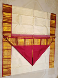 2G Pure Korvai Kanjivaram Silk Saree in Ivory Cream with Rich Gold Zari & Maroon Border | Silkmark Certified