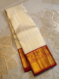 2G Pure Korvai Kanjivaram Silk Saree in Ivory Cream with Rich Gold Zari & Maroon Border | Silkmark Certified