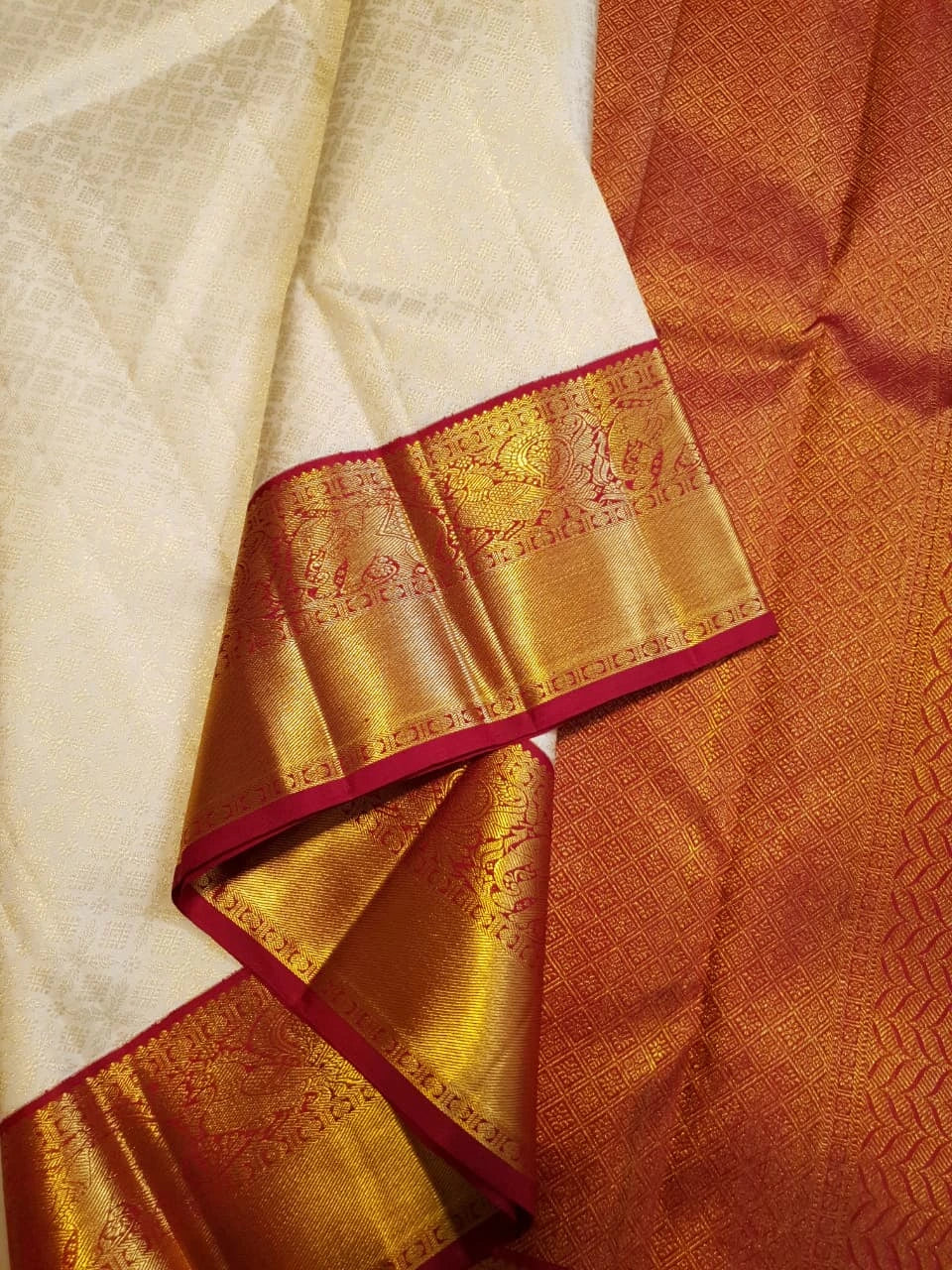 2G Pure Korvai Kanjivaram Silk Saree in Ivory Cream with Rich Gold Zari & Maroon Border | Silkmark Certified
