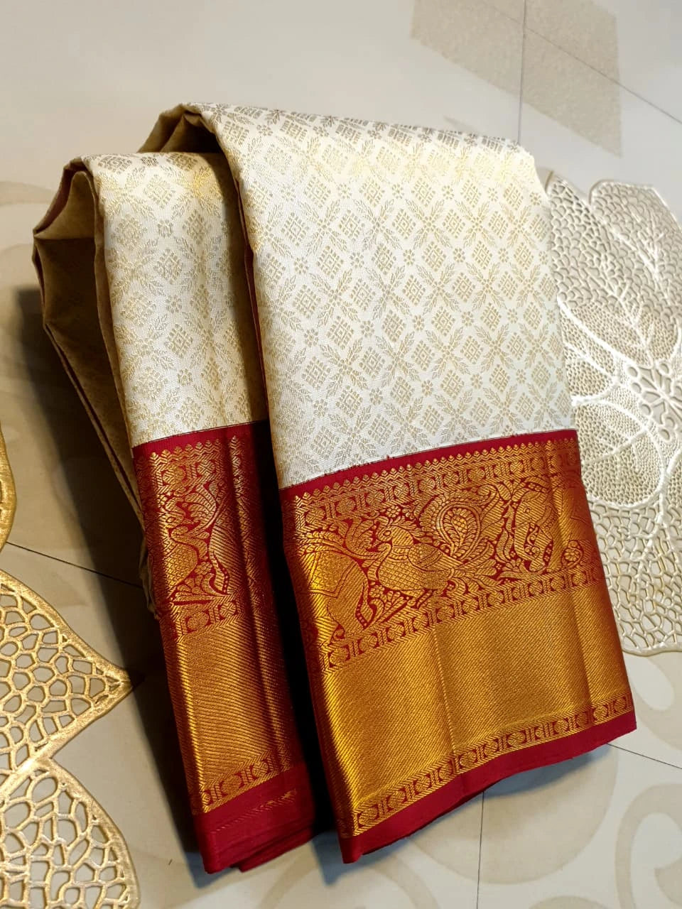 2G Pure Korvai Kanjivaram Silk Saree in Ivory Cream with Rich Gold Zari & Maroon Border | Silkmark Certified