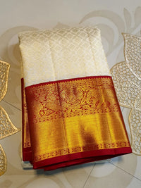 2G Pure Korvai Kanjivaram Silk Saree in Ivory Cream with Rich Gold Zari & Maroon Border | Silkmark Certified