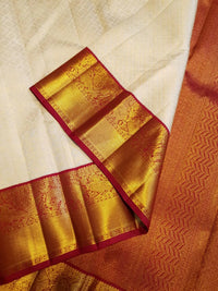 2G Pure Korvai Kanjivaram Silk Saree in Ivory Cream with Rich Gold Zari & Maroon Border | Silkmark Certified