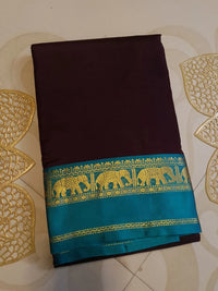 Kanjivaram Soft Silk Saree Deep Brown with Peacock  Blue Border | Prahla Silks