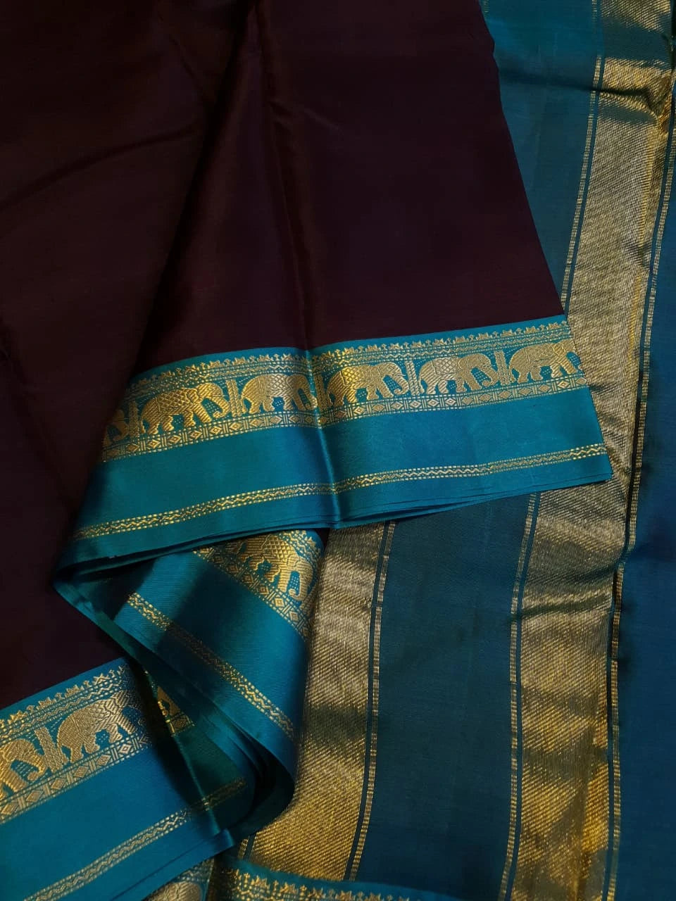 Kanjivaram Soft Silk Saree Deep Brown with Peacock  Blue Border | Prahla Silks