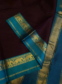 Kanjivaram Soft Silk Saree Deep Brown with Peacock  Blue Border | Prahla Silks