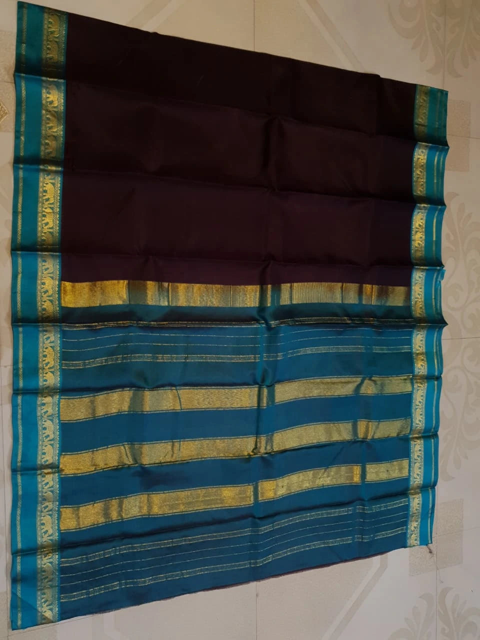 Kanjivaram Soft Silk Saree Deep Brown with Peacock  Blue Border | Prahla Silks