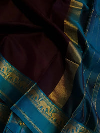 Kanjivaram Soft Silk Saree Deep Brown with Peacock  Blue Border | Prahla Silks