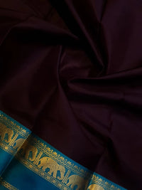 Kanjivaram Soft Silk Saree Deep Brown with Peacock  Blue Border | Prahla Silks