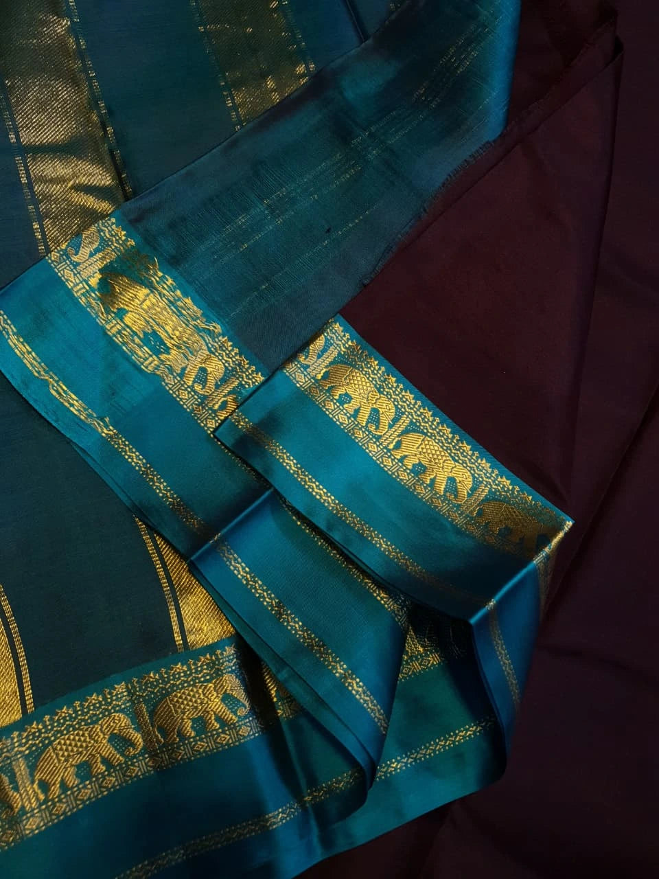 Kanjivaram Soft Silk Saree Deep Brown with Peacock  Blue Border | Prahla Silks