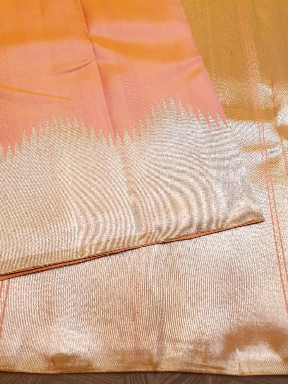 2G Pure Kanjivaram Silk Saree in Peach Pink with Silver Zari | Silkmark Certified