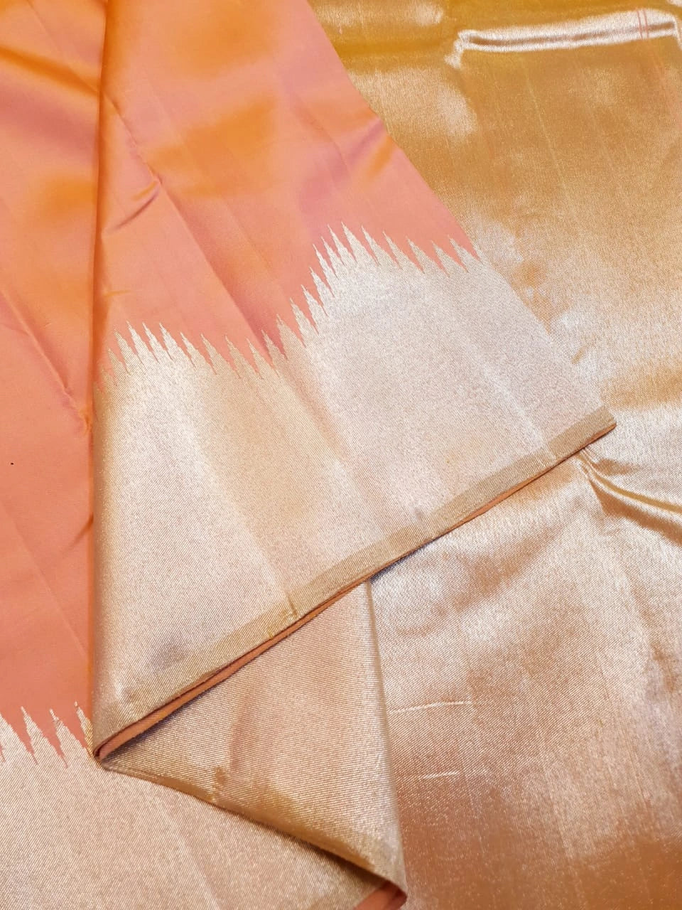 2G Pure Kanjivaram Silk Saree in Peach Pink with Silver Zari | Silkmark Certified