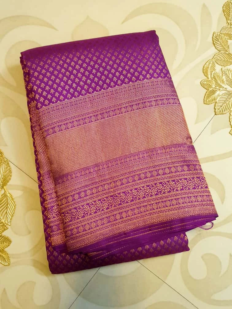 2G Pure Kanjivaram Silk Saree in Rich Purple with Antique Rose Gold Zari  | Silkmark Certified