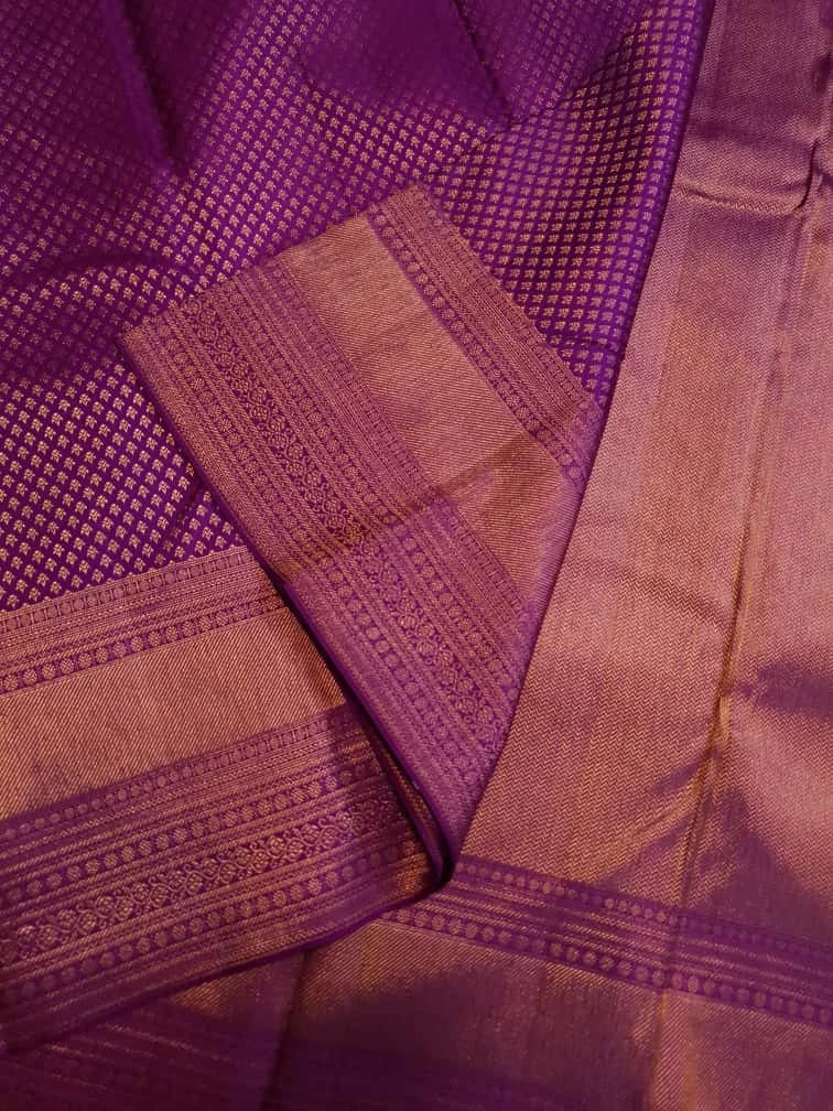 2G Pure Kanjivaram Silk Saree in Rich Purple with Antique Rose Gold Zari  | Silkmark Certified