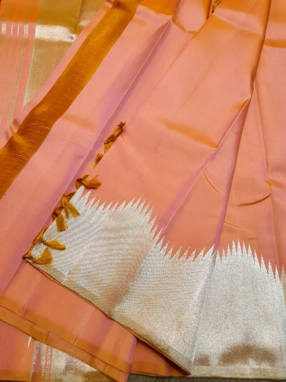 2G Pure Kanjivaram Silk Saree in Peach Pink with Silver Zari | Silkmark Certified