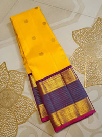 2G Pure Kanjivaram Silk Saree in Yellow with Contrast Blue Purple Border  | Silkmark Certified