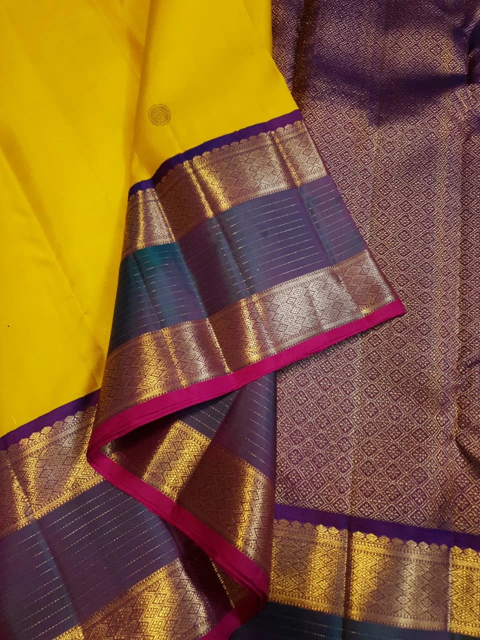 2G Pure Kanjivaram Silk Saree in Yellow with Contrast Blue Purple Border  | Silkmark Certified