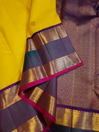 2G Pure Kanjivaram Silk Saree in Yellow with Contrast Blue Purple Border  | Silkmark Certified