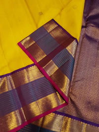 2G Pure Kanjivaram Silk Saree in Yellow with Contrast Blue Purple Border  | Silkmark Certified