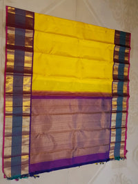 2G Pure Kanjivaram Silk Saree in Yellow with Contrast Blue Purple Border  | Silkmark Certified