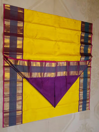2G Pure Kanjivaram Silk Saree in Yellow with Contrast Blue Purple Border  | Silkmark Certified