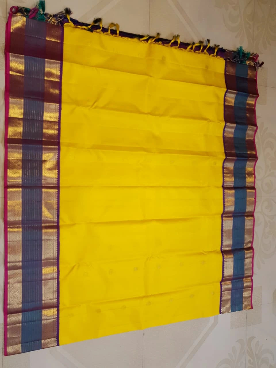2G Pure Kanjivaram Silk Saree in Yellow with Contrast Blue Purple Border  | Silkmark Certified