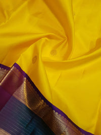 2G Pure Kanjivaram Silk Saree in Yellow with Contrast Blue Purple Border  | Silkmark Certified
