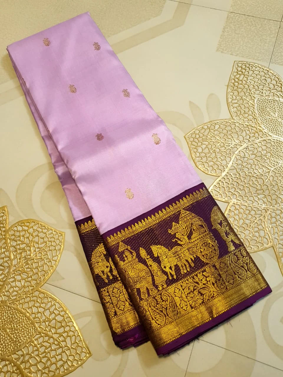 2G Pure Korvai Kanjivaram Silk Saree in Lavender Pink with Purple Gold Zari | Silkmark Certified
