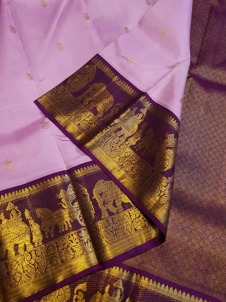 2G Pure Korvai Kanjivaram Silk Saree in Lavender Pink with Purple Gold Zari | Silkmark Certified