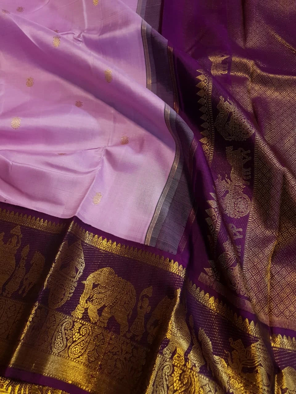 2G Pure Korvai Kanjivaram Silk Saree in Lavender Pink with Purple Gold Zari | Silkmark Certified