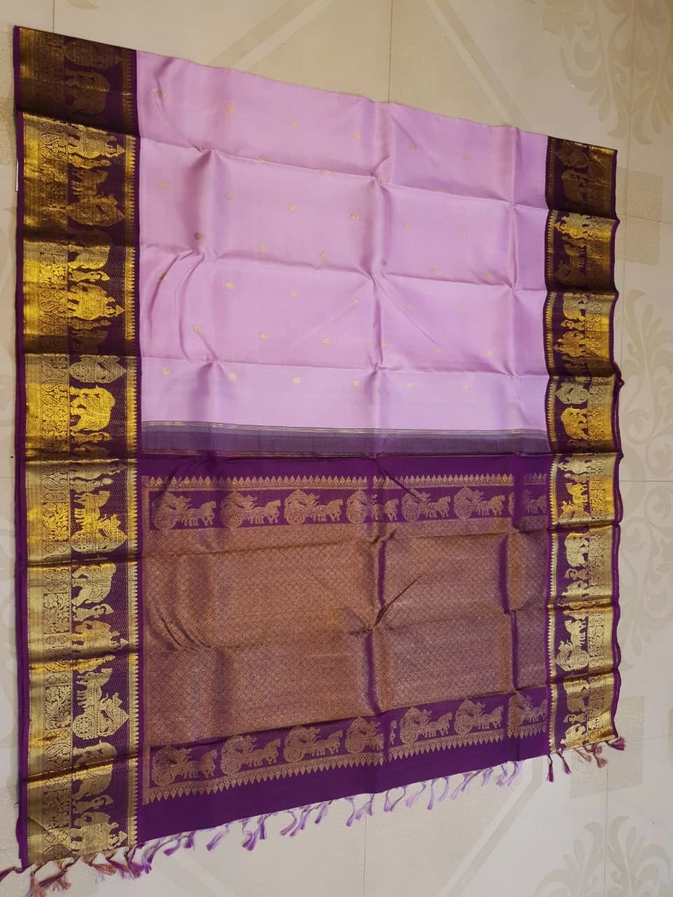 2G Pure Korvai Kanjivaram Silk Saree in Lavender Pink with Purple Gold Zari | Silkmark Certified