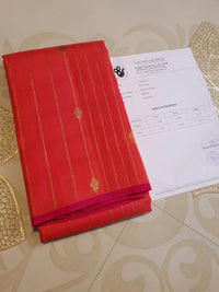 3G Pure Zari  Kanjivaram Silk Saree in Tomato Red with Gold Zari Stripes & Buttas | Silkmark Certified