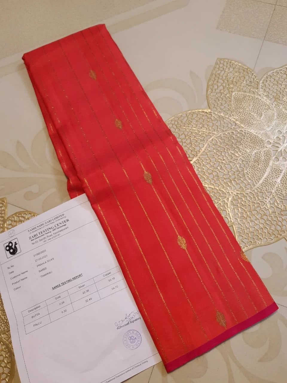 3G Pure Zari  Kanjivaram Silk Saree in Tomato Red with Gold Zari Stripes & Buttas | Silkmark Certified
