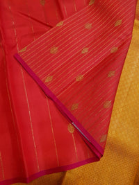 3G Pure Zari  Kanjivaram Silk Saree in Tomato Red with Gold Zari Stripes & Buttas | Silkmark Certified