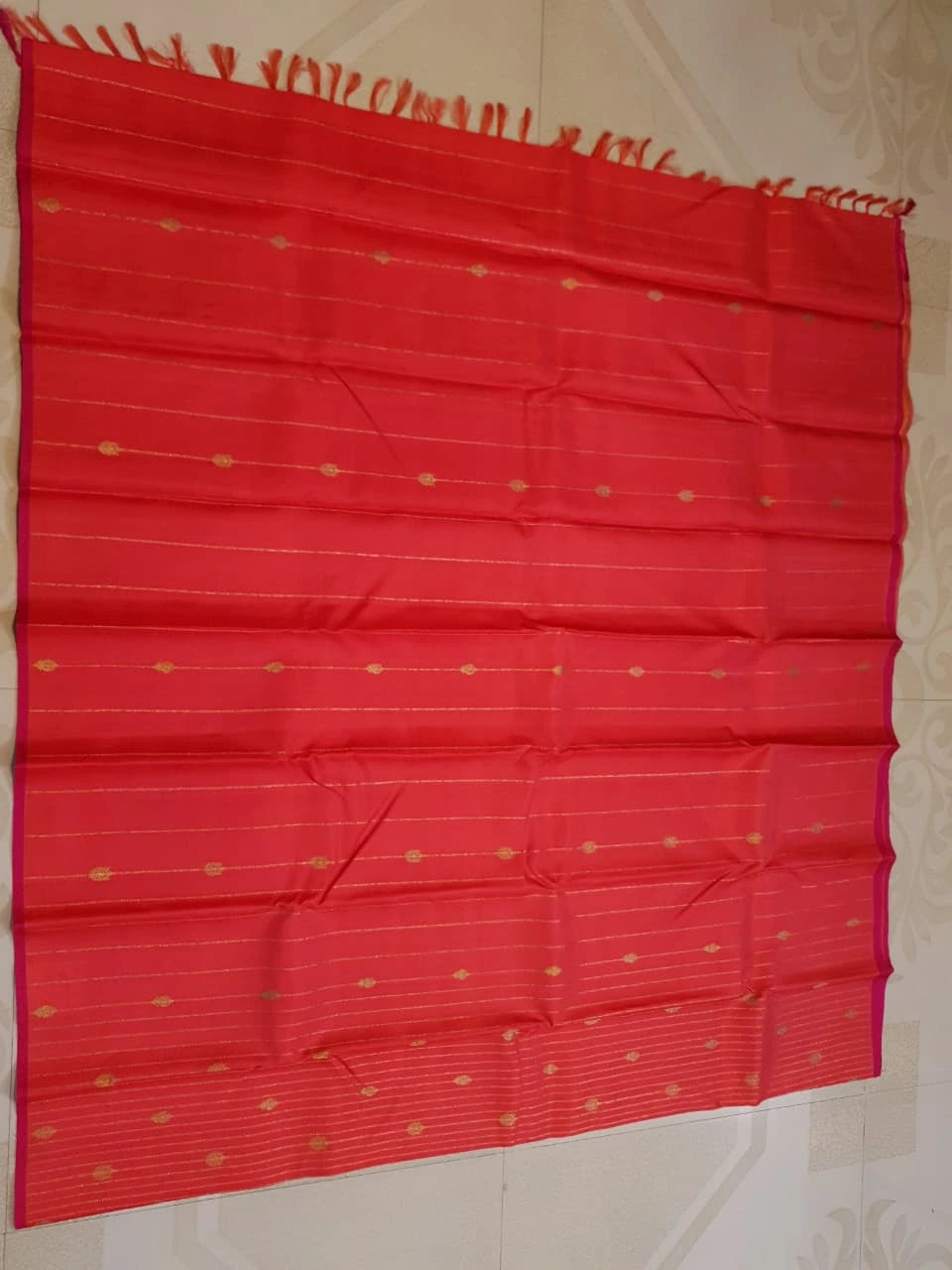 3G Pure Zari  Kanjivaram Silk Saree in Tomato Red with Gold Zari Stripes & Buttas | Silkmark Certified