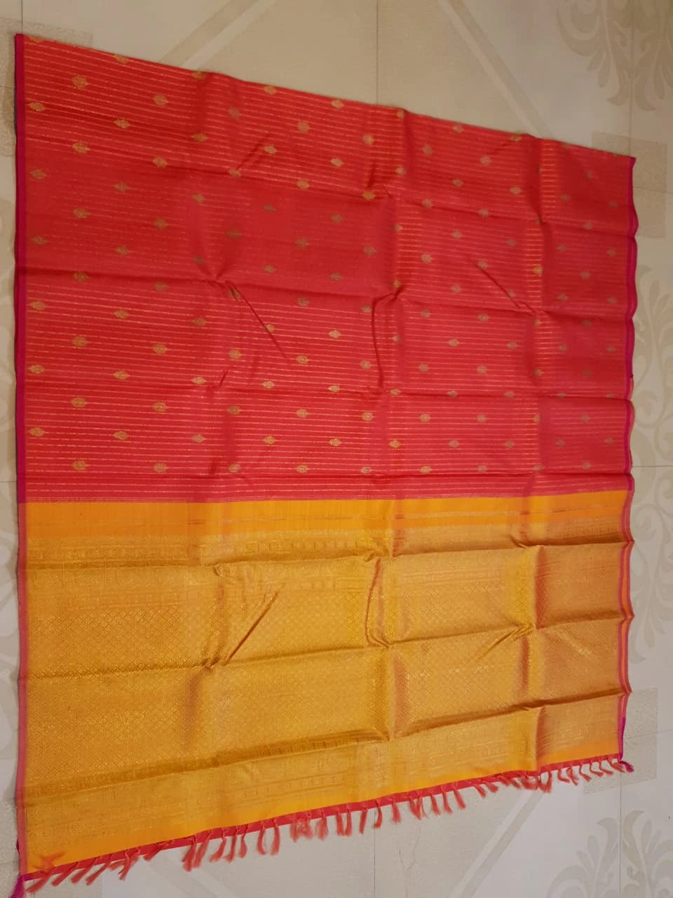 3G Pure Zari  Kanjivaram Silk Saree in Tomato Red with Gold Zari Stripes & Buttas | Silkmark Certified
