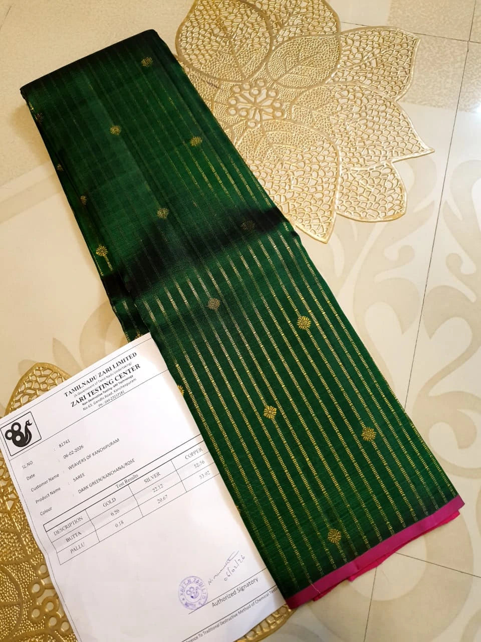 3G Pure Zari  Kanjivaram Silk Saree in Dark Green  | Silkmark Certified