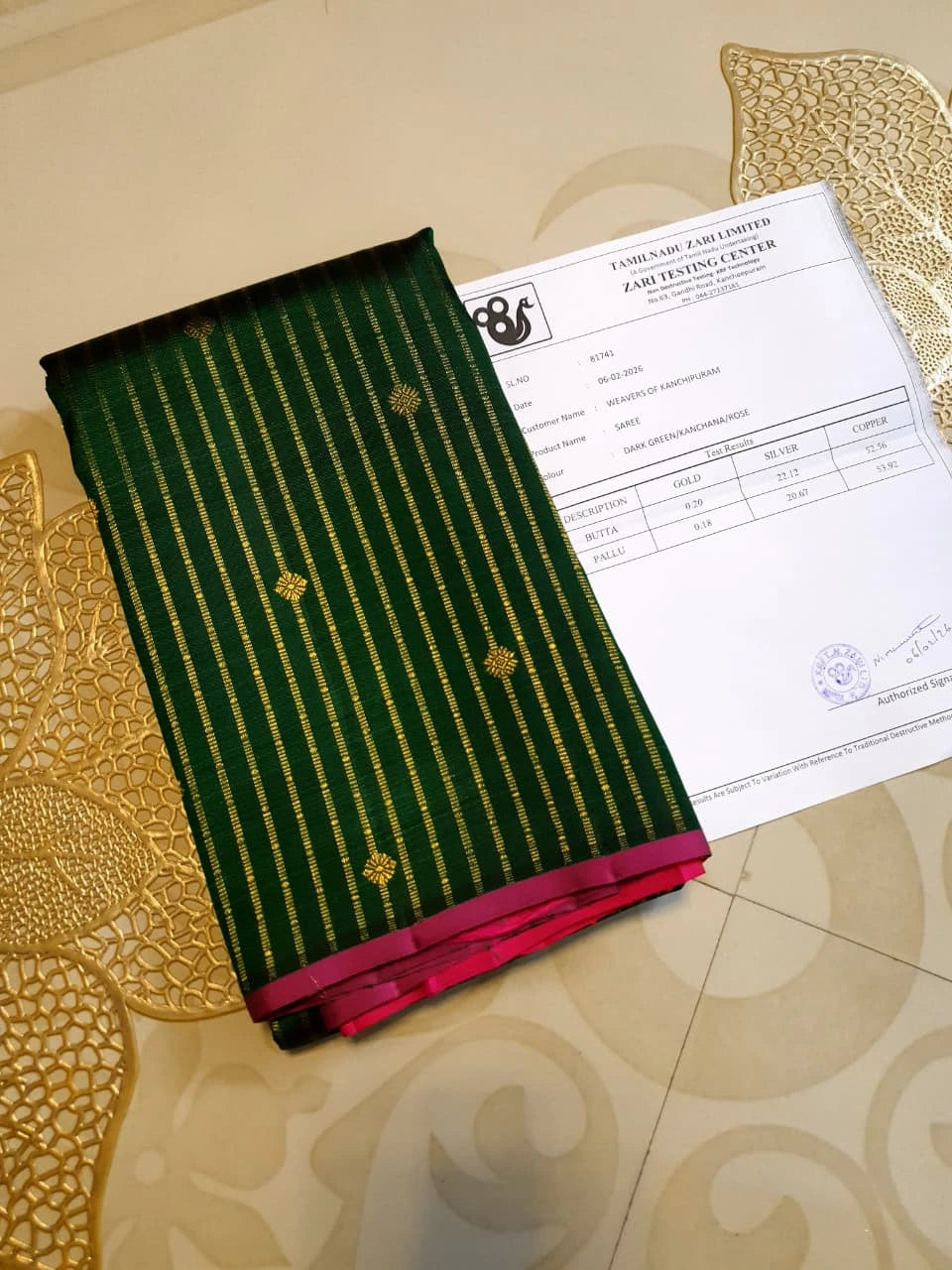 3G Pure Zari  Kanjivaram Silk Saree in Dark Green  | Silkmark Certified