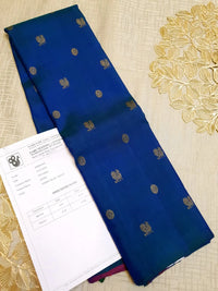 3G Pure Zari Kanjivaram Silk Saree in Royal Blue with Gold Zari Buttas | Silkmark Certified