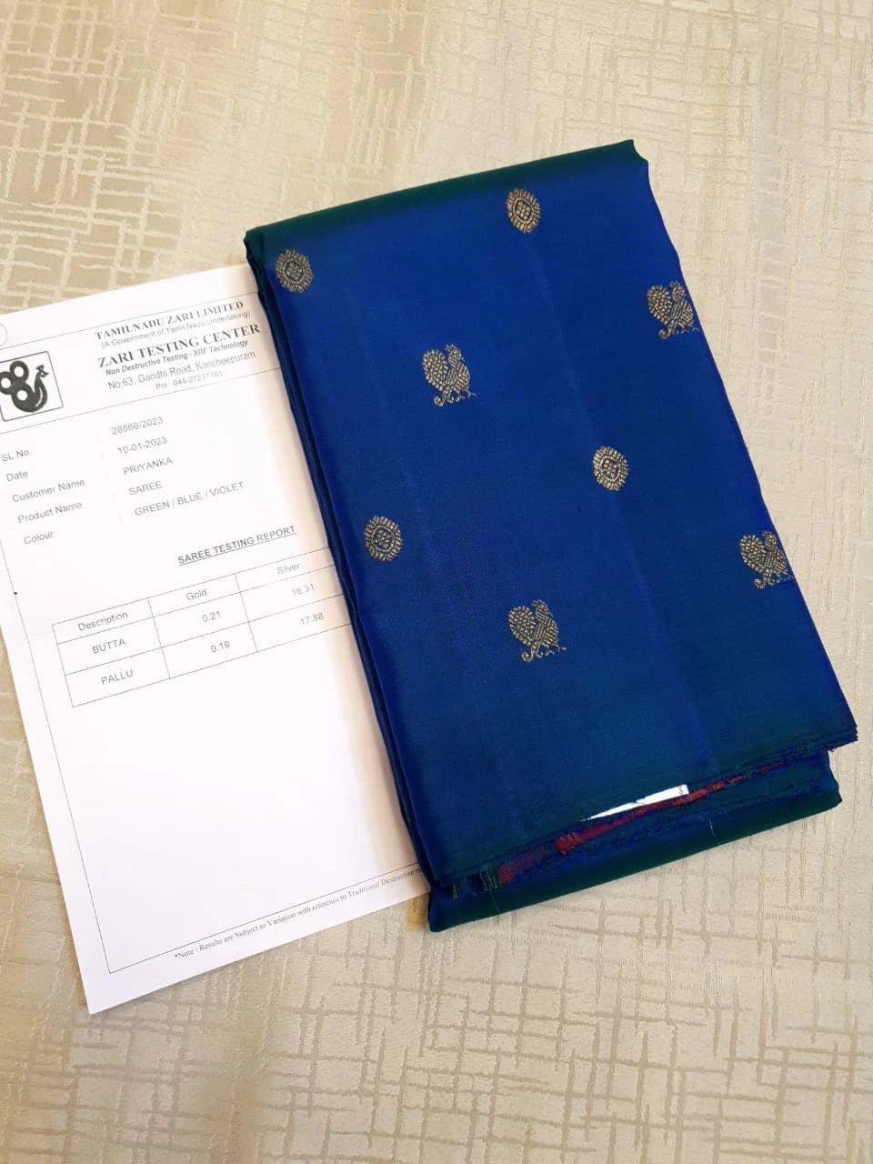 3G Pure Zari Kanjivaram Silk Saree in Royal Blue with Gold Zari Buttas | Silkmark Certified