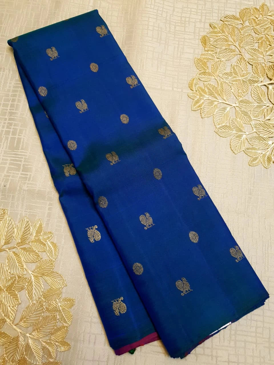 3G Pure Zari Kanjivaram Silk Saree in Royal Blue with Gold Zari Buttas | Silkmark Certified