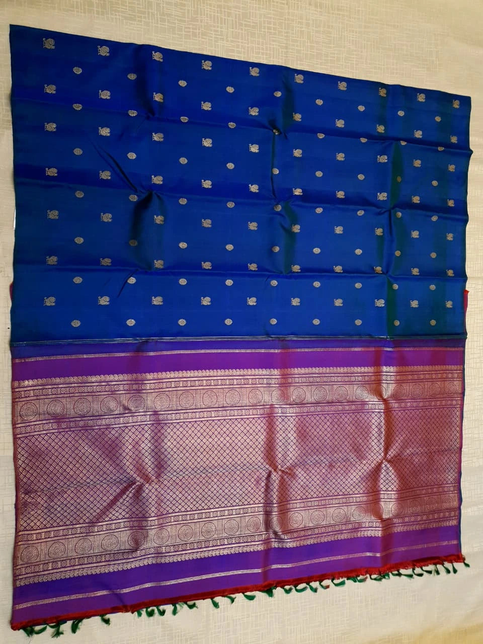 3G Pure Zari Kanjivaram Silk Saree in Royal Blue with Gold Zari Buttas | Silkmark Certified