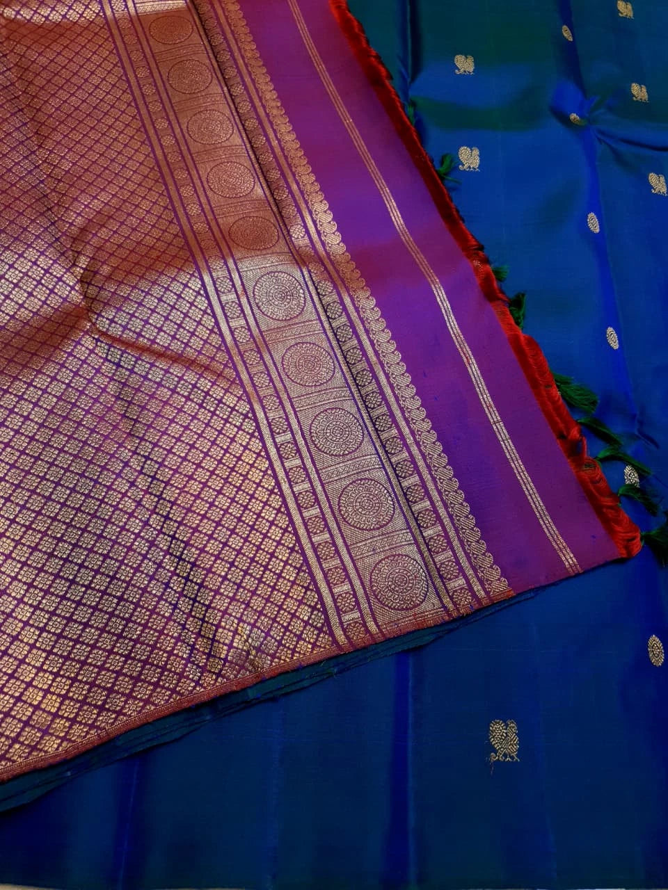 3G Pure Zari Kanjivaram Silk Saree in Royal Blue with Gold Zari Buttas | Silkmark Certified