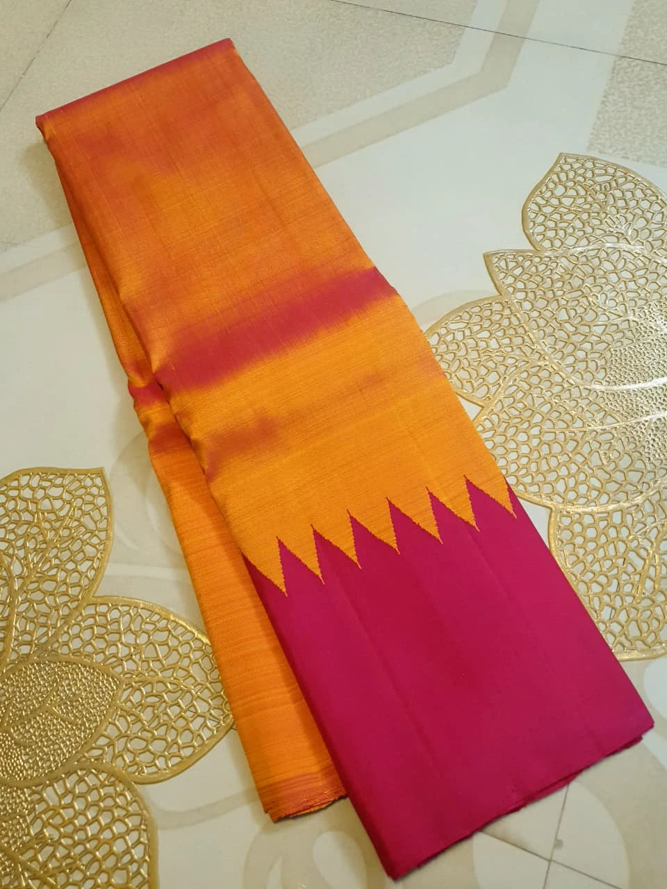 2G Pure  Kanjivaram Silk Saree Orange with Pink Border | Silkmark Certified