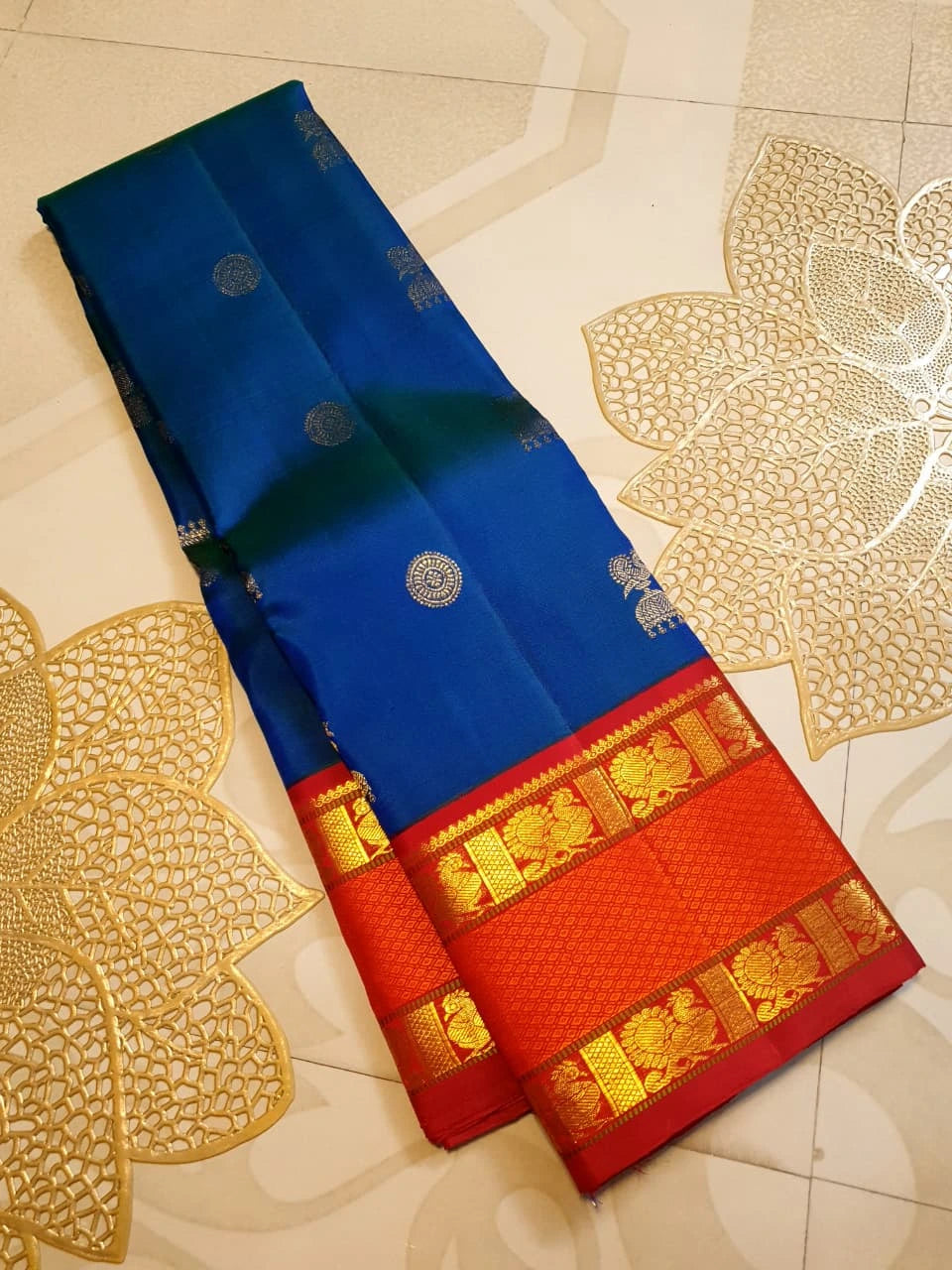 2G Pure Korvai Kanjivaram Silk Saree Peacock  Blue with Rich Red and Gold Zari Border| Silkmark Certified