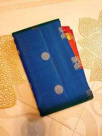 2G Pure Korvai Kanjivaram Silk Saree Peacock  Blue with Rich Red and Gold Zari Border| Silkmark Certified